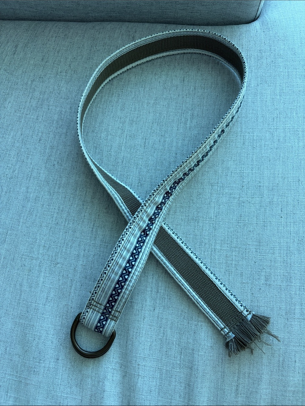 Woven Double-Ring Fabric Belt in Brown, White and Navy with fringe at the end